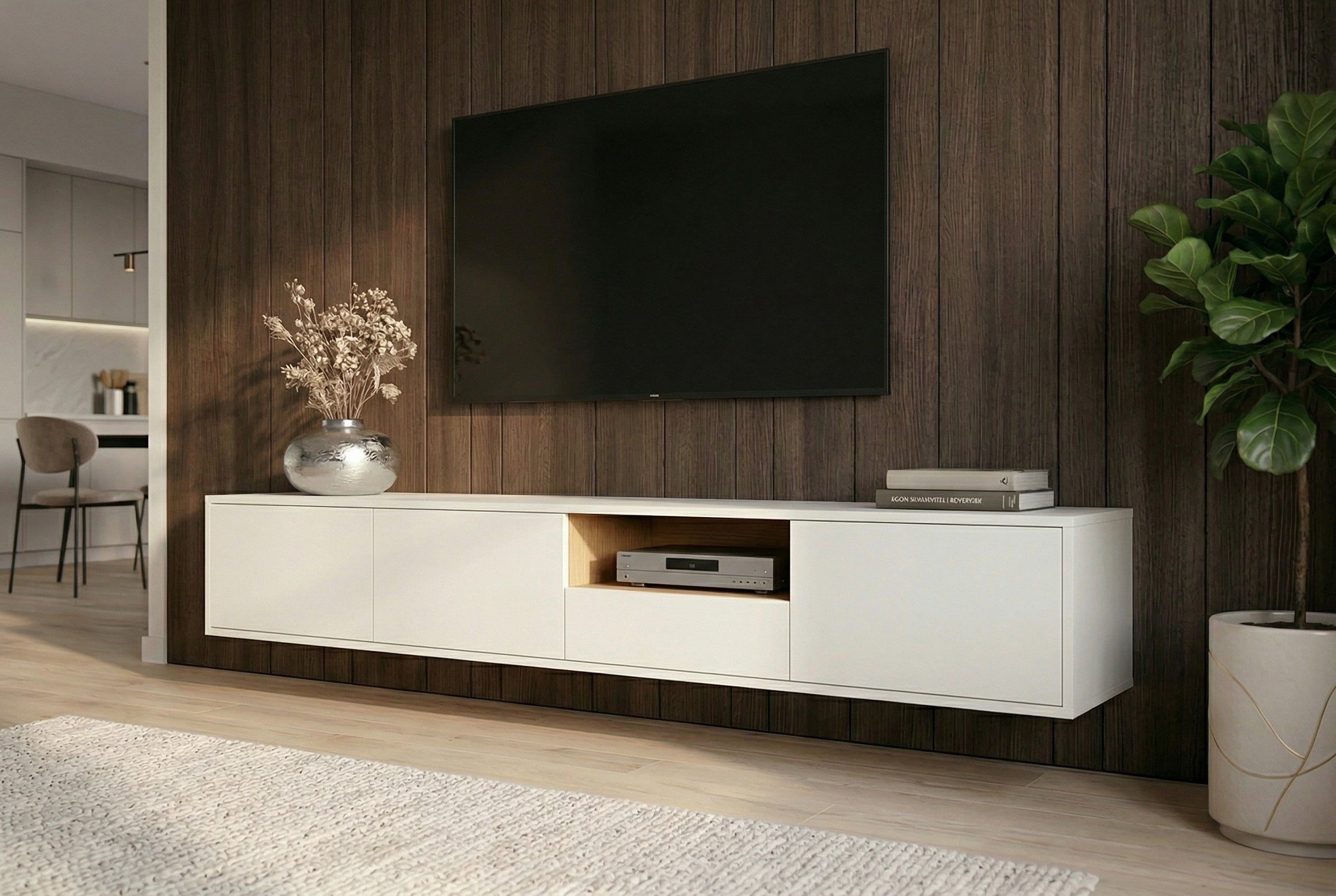 Hängendes TV-Board LOFT 200cm weiß natur sieben Fächer mit Schublade