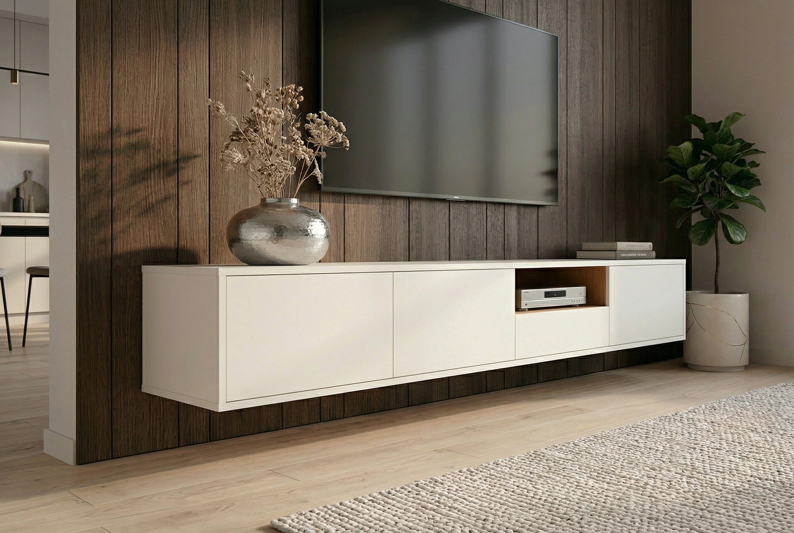 Hängendes TV-Board LOFT 200cm weiß natur sieben Fächer mit Schublade