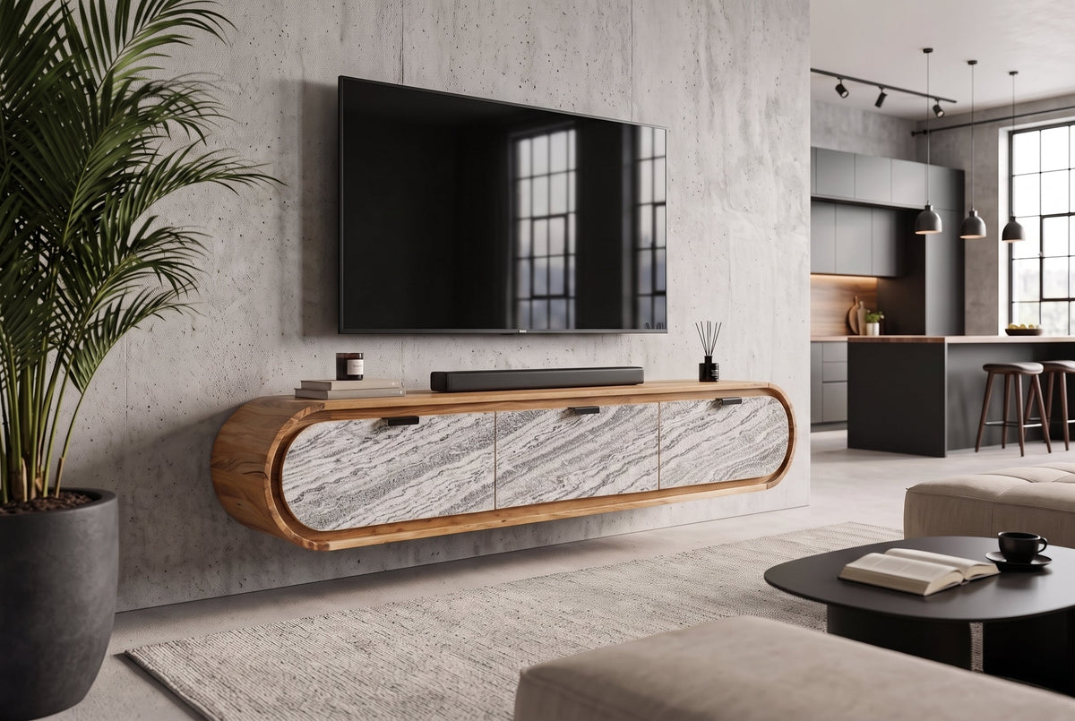 Hängendes TV-Board ORGANIC 160cm natur Akazie schwarz weiß Steinfurnier Schubladen
