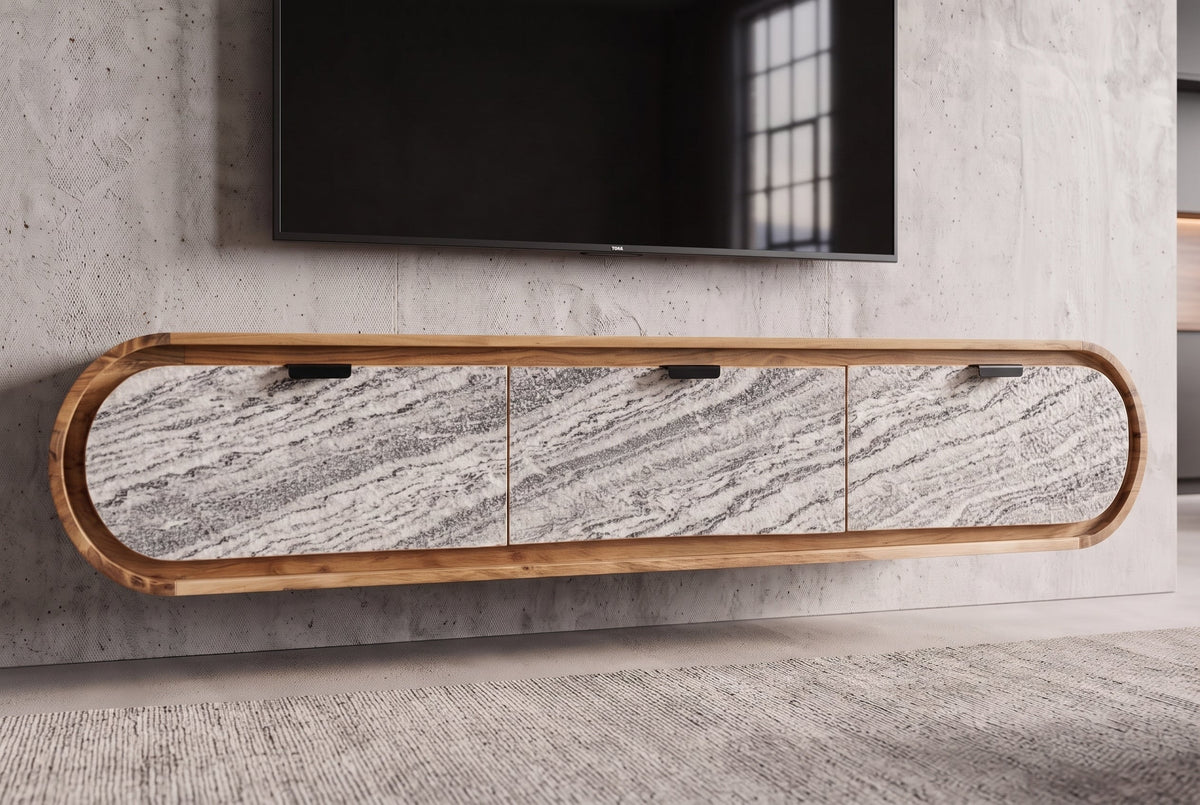 Hängendes TV-Board ORGANIC 160cm natur Akazie schwarz weiß Steinfurnier Schubladen