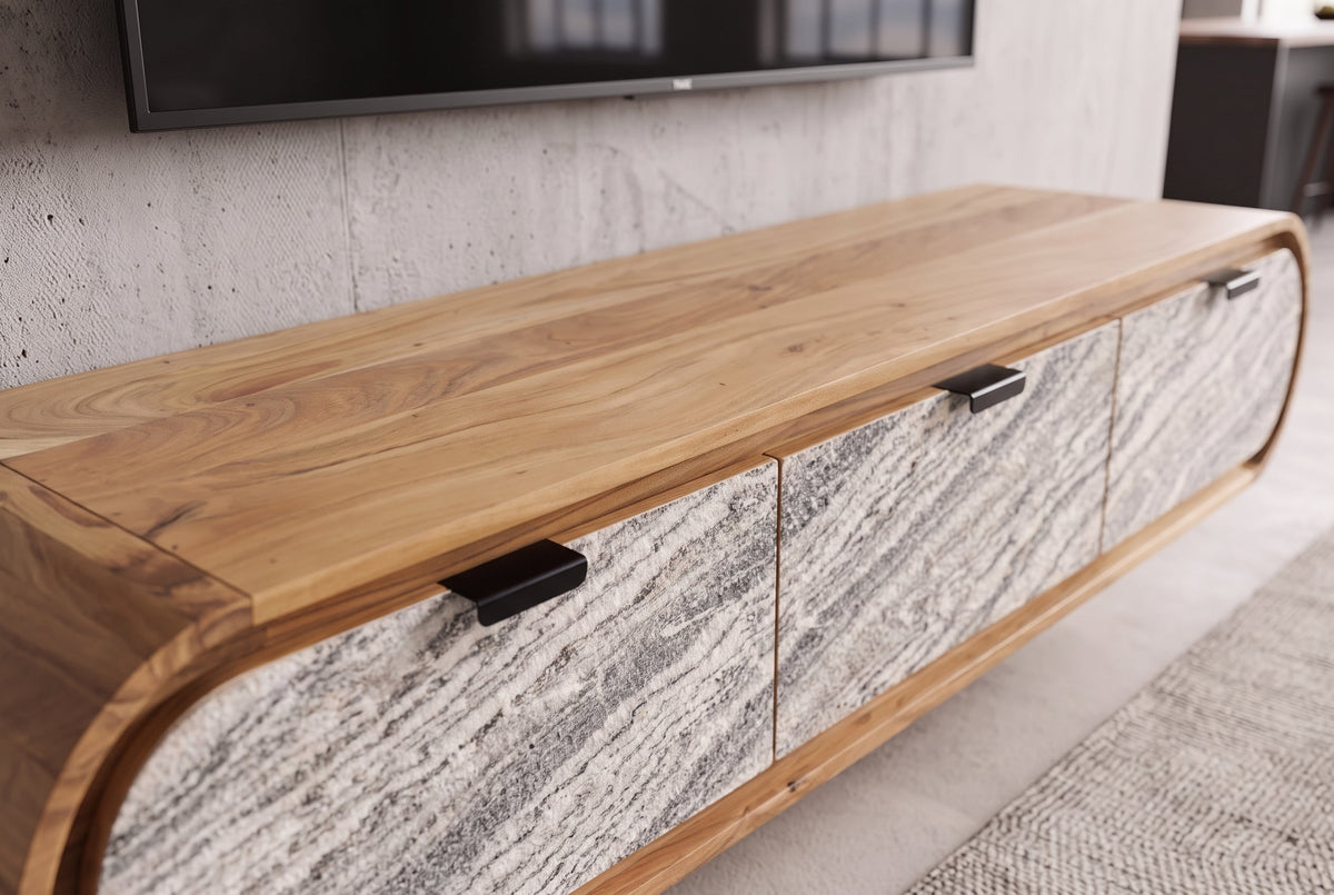 Hängendes TV-Board ORGANIC 160cm natur Akazie schwarz weiß Steinfurnier Schubladen