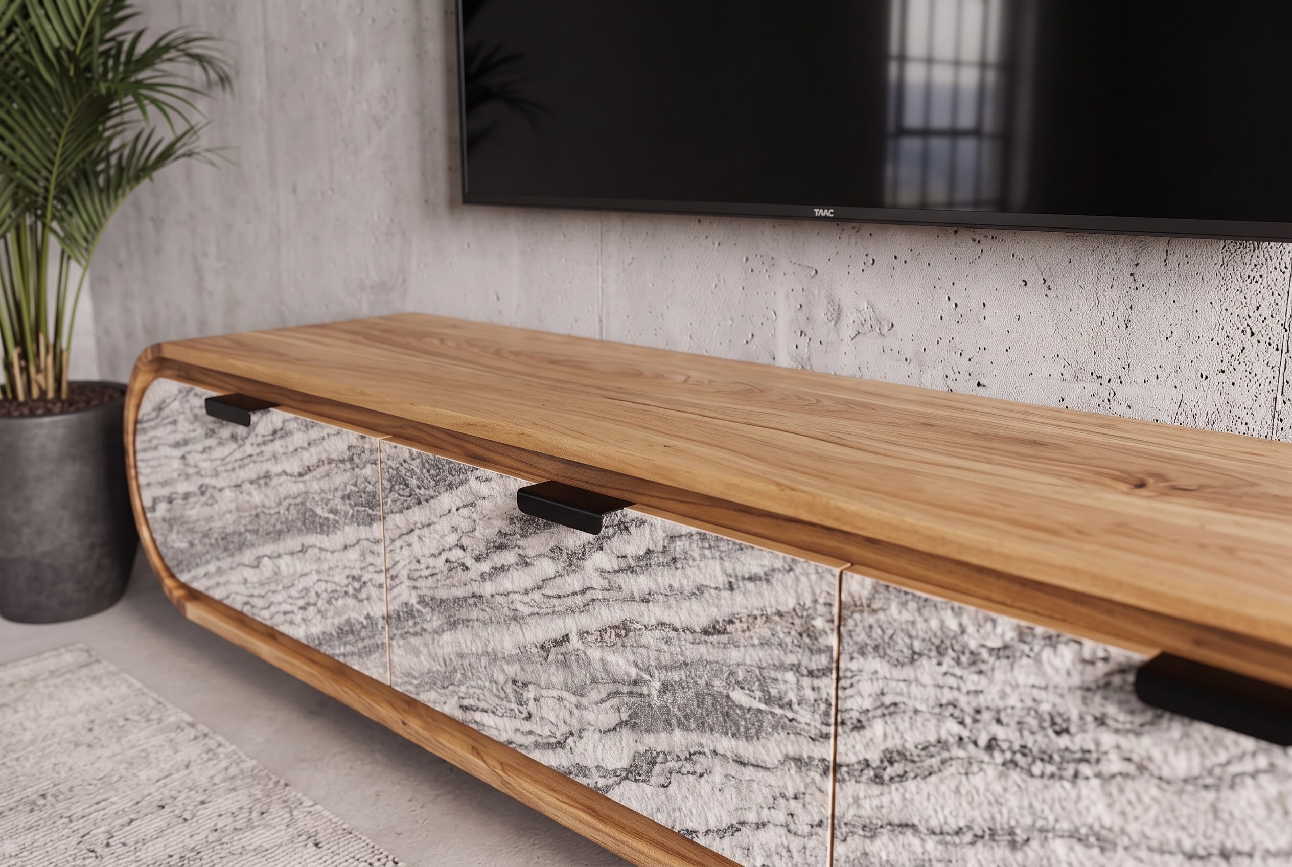 Hängendes TV-Board ORGANIC 160cm natur Akazie schwarz weiß Steinfurnier Schubladen