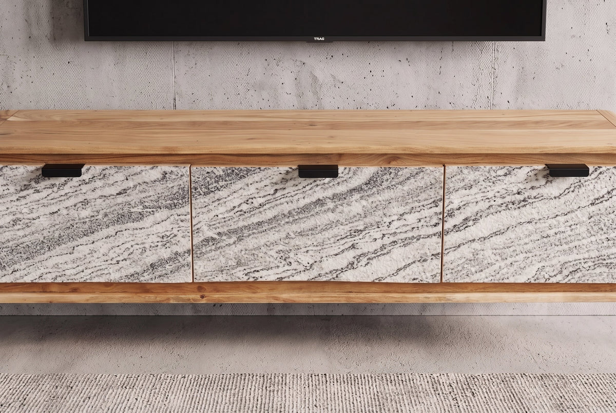 Hängendes TV-Board ORGANIC 160cm natur Akazie schwarz weiß Steinfurnier Schubladen