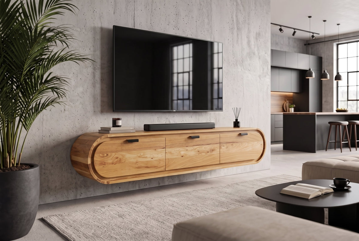 Hängendes TV-Board ORGANIC 160cm natur Akazienholz massiv handmade mit Schubladen