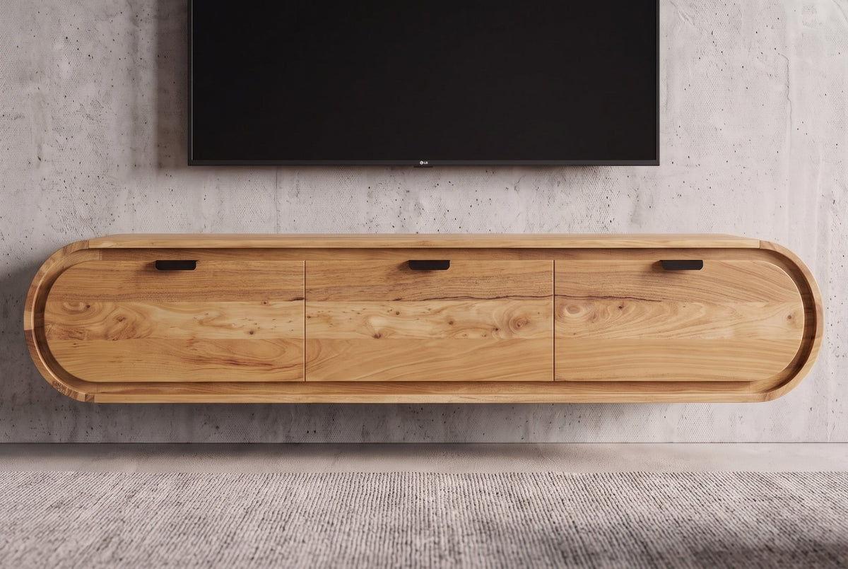 Hängendes TV-Board ORGANIC 160cm natur Akazienholz massiv handmade mit Schubladen