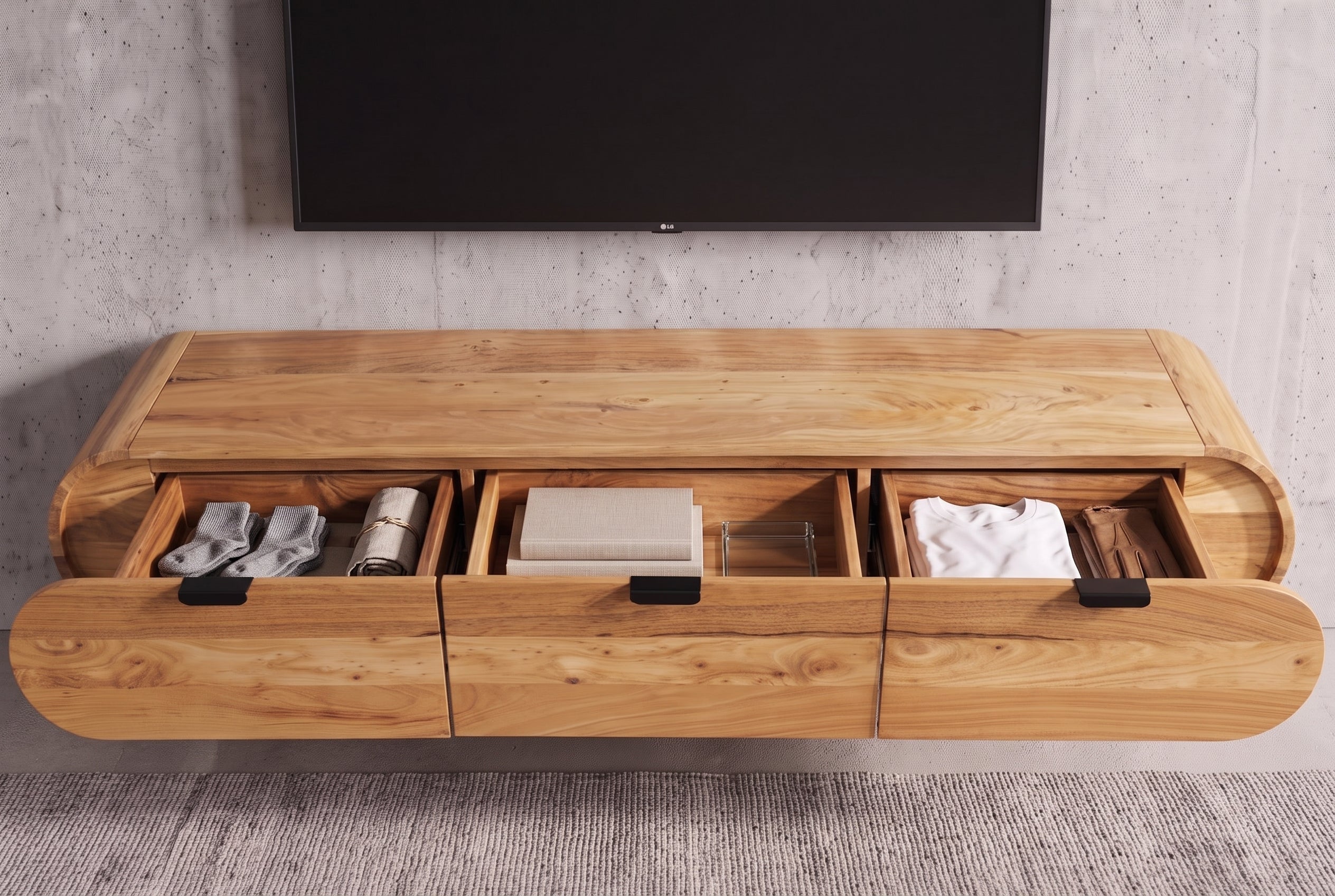 Hängendes TV-Board ORGANIC 160cm natur Akazienholz massiv handmade mit Schubladen
