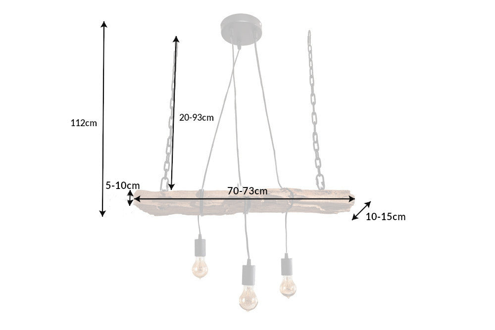 Industrial Hängelampe BARRACUDA 70cm recyceltes Massivholz mit 3 Leuchten