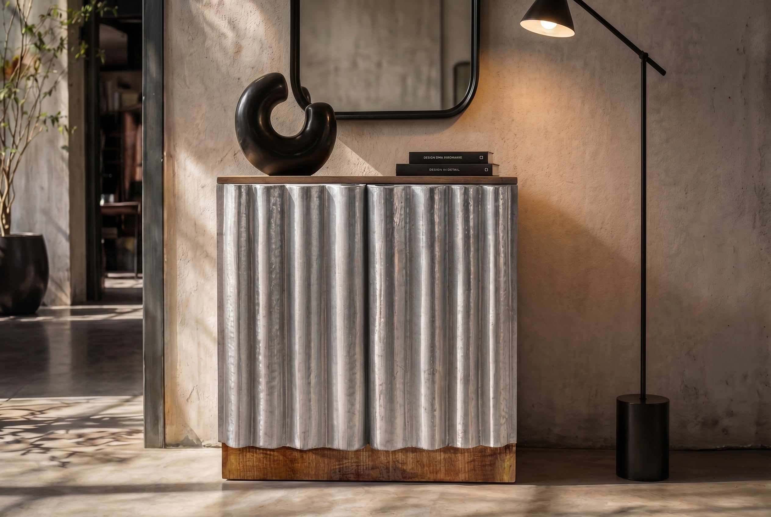 Kompaktes Sideboard ZALVERO 80cm natur silber Mangoholz mit Metall-Aluminium Front