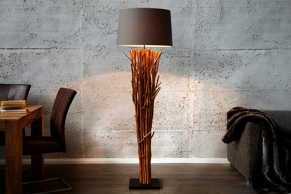 Lampadaire design en bois flotté EUPHORIA 180cm gris avec abat-jour en lin