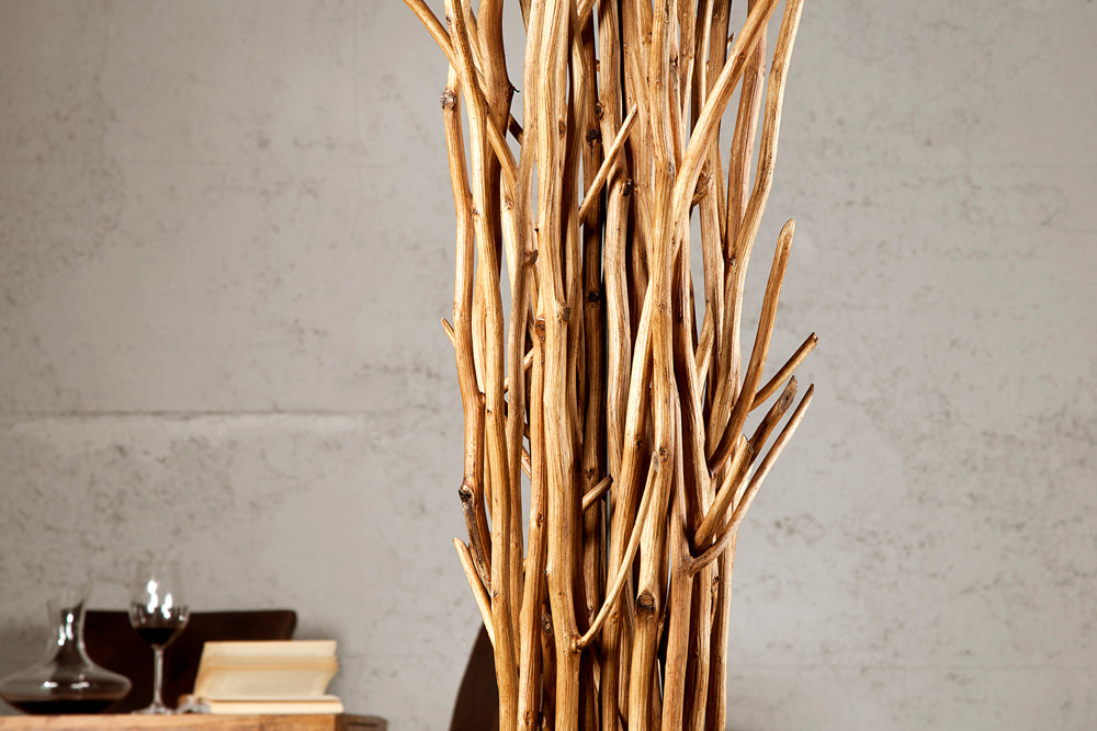 Lampadaire design en bois flotté EUPHORIA 180cm gris avec abat-jour en lin