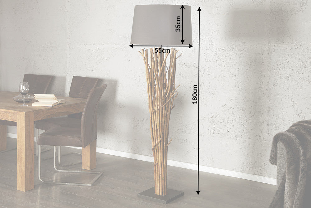 Lampadaire design en bois flotté EUPHORIA 180cm gris avec abat-jour en lin