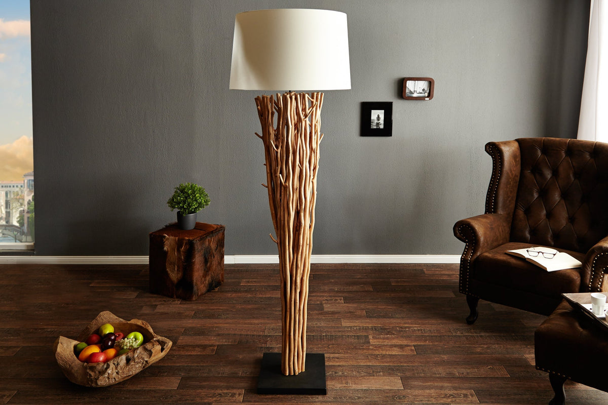 Lampadaire design en bois flotté EUPHORIA 180cm naturel avec abat-jour en lin
