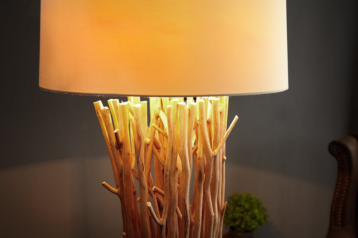 Lampadaire design en bois flotté EUPHORIA 180cm naturel avec abat-jour en lin