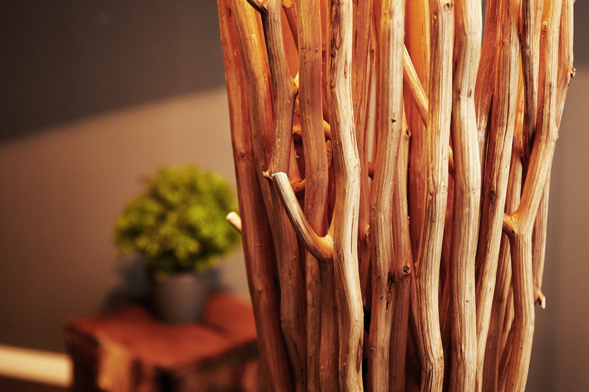 Lampadaire design en bois flotté EUPHORIA 180cm naturel avec abat-jour en lin
