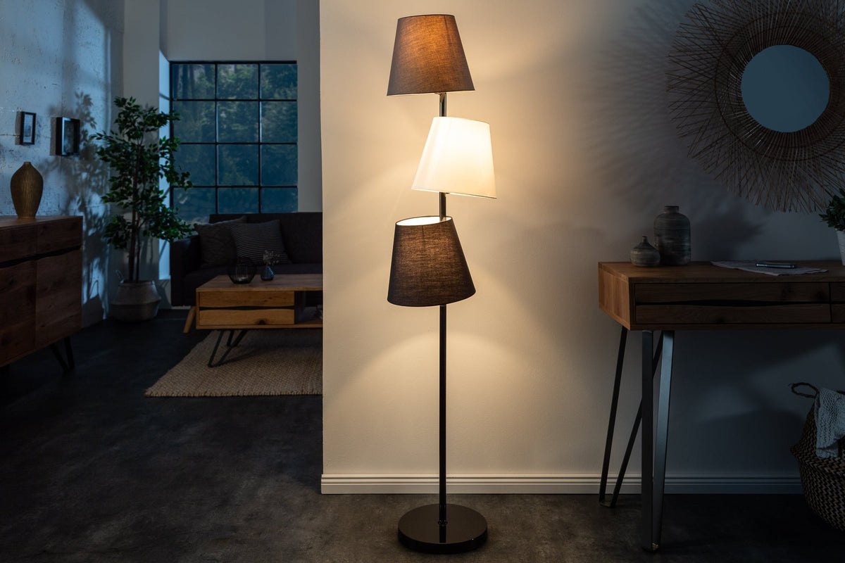 Lampadaire design LEVELS 163cm gris noir avec 3 abat-jour en lin