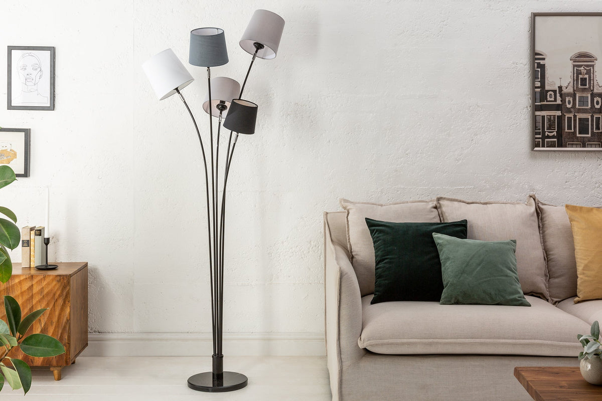 Lampadaire design LEVELS 176cm gris noir avec 5 abat-jour en lin