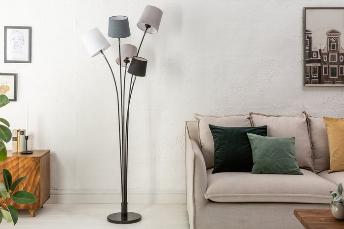 Lampadaire design LEVELS 176cm gris noir avec 5 abat-jour en lin