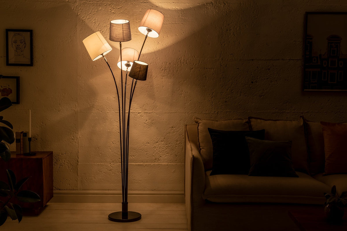 Lampadaire design LEVELS 176cm gris noir avec 5 abat-jour en lin