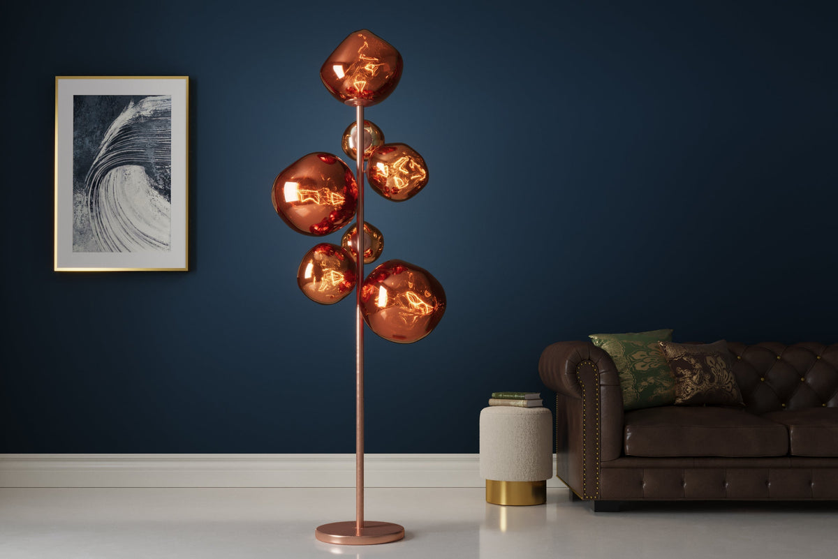 Lampadaire design LIQUID DIAMOND 170cm cuivre verre acier sept abat-jour lampe boule