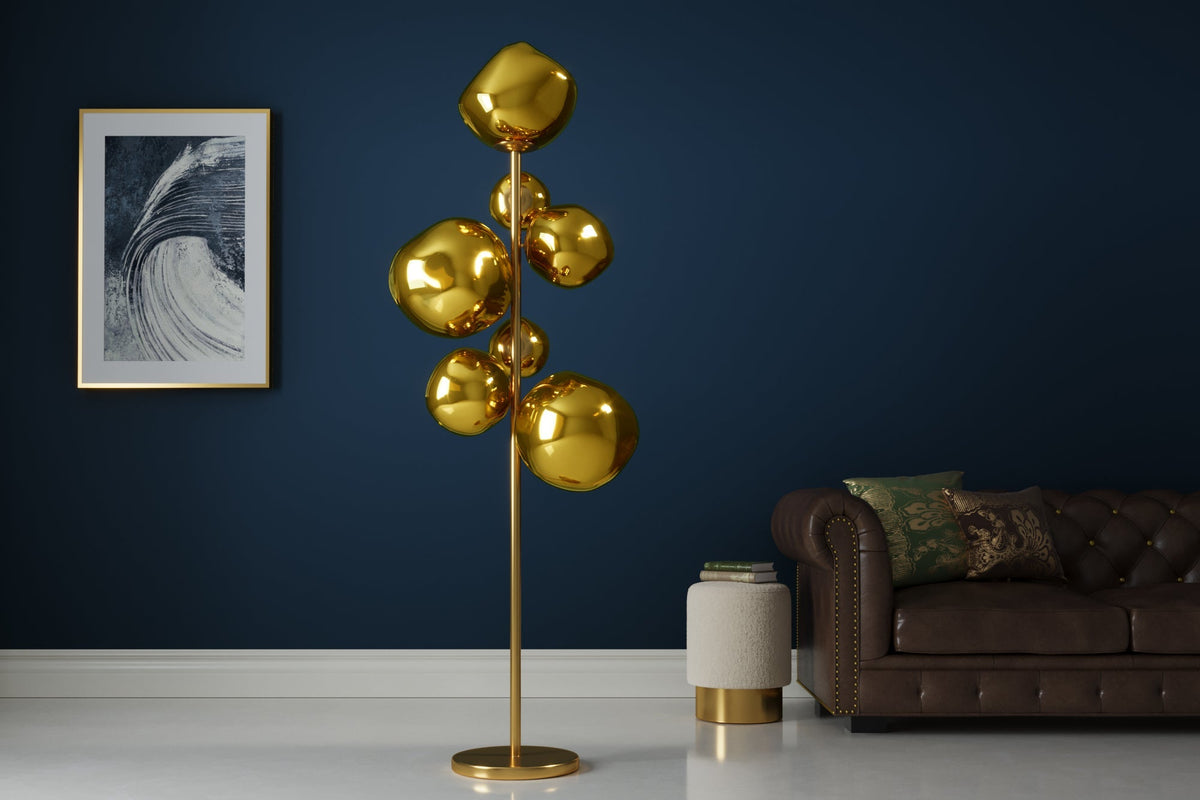 Lampadaire design LIQUID DIAMOND 170cm verre doré acier sept abat-jour lampe boule