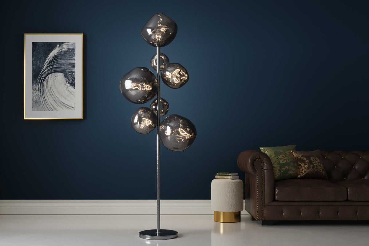 Lampadaire design LIQUID DIAMOND 170cm verre fumé acier sept abat-jour lampe boule