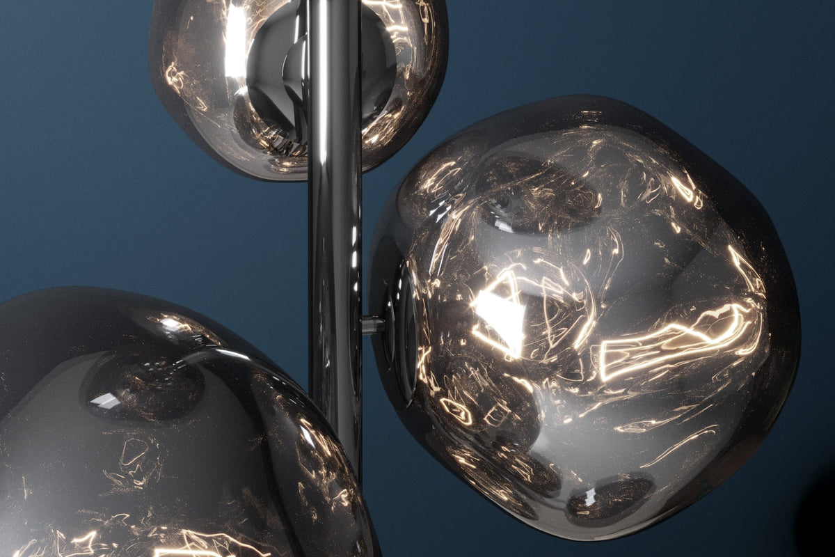 Lampadaire design LIQUID DIAMOND 170cm verre fumé acier sept abat-jour lampe boule