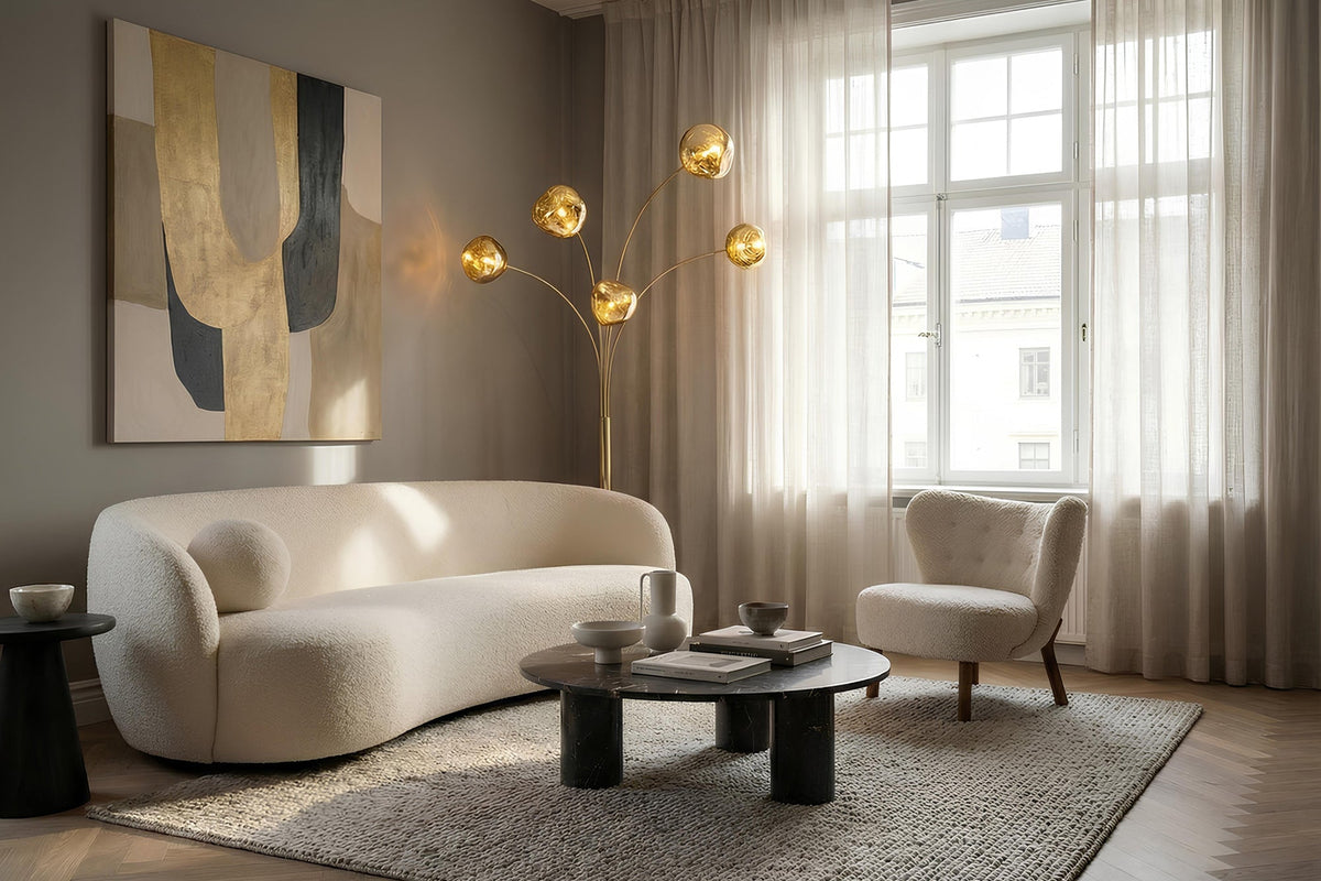 Lampadaire design LIQUID DIAMOND 200cm doré cinq abat-jour en verre avec socle en marbre