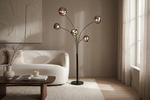 Lampadaire design LIQUID DIAMOND 200cm noir gris fumé cinq abat-jour en verre avec socle en marbre