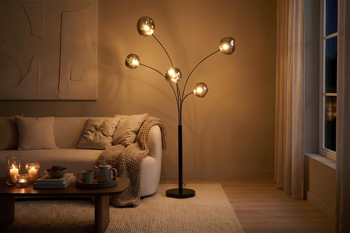 Lampadaire design LIQUID DIAMOND 200cm noir gris fumé cinq abat-jour en verre avec socle en marbre