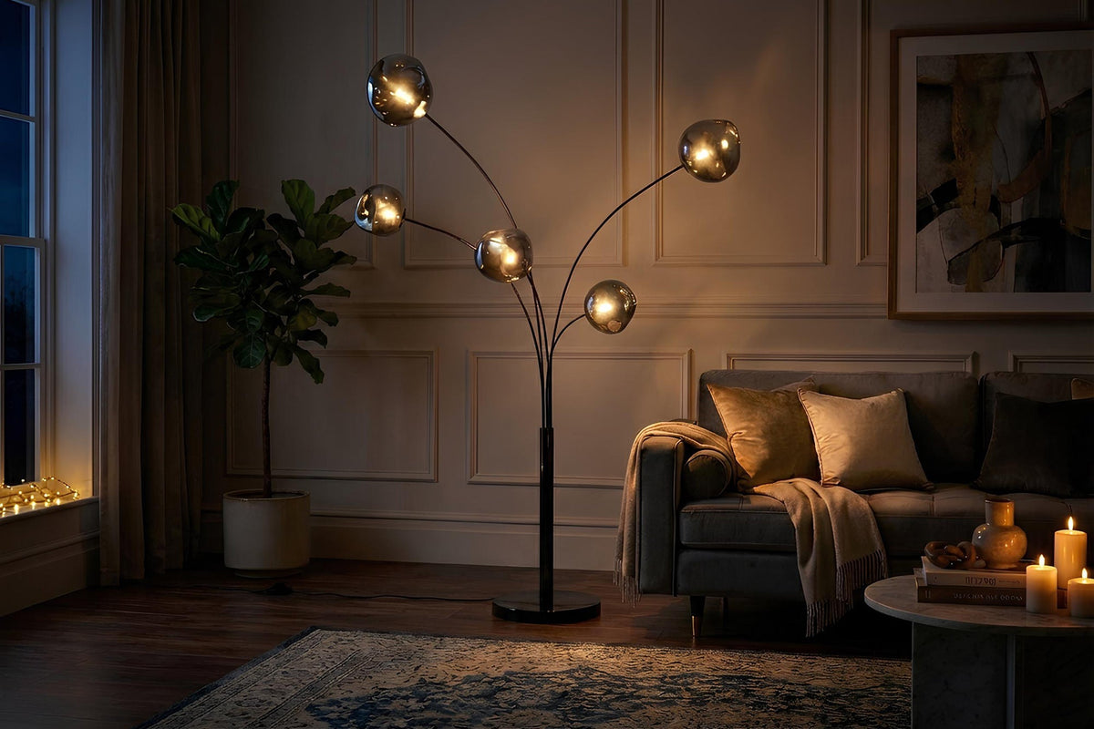 Lampadaire design LIQUID DIAMOND 200cm noir gris fumé cinq abat-jour en verre avec socle en marbre