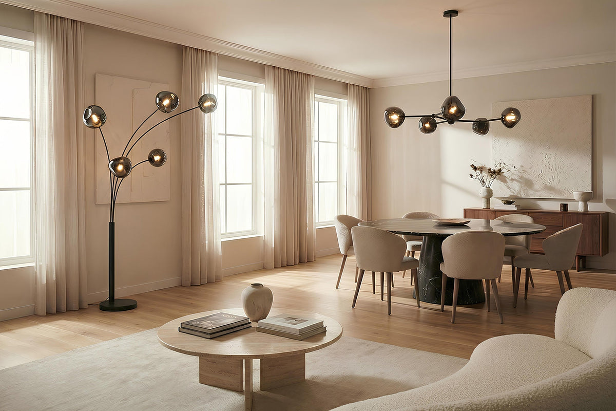Lampadaire design LIQUID DIAMOND 200cm noir gris fumé cinq abat-jour en verre avec socle en marbre
