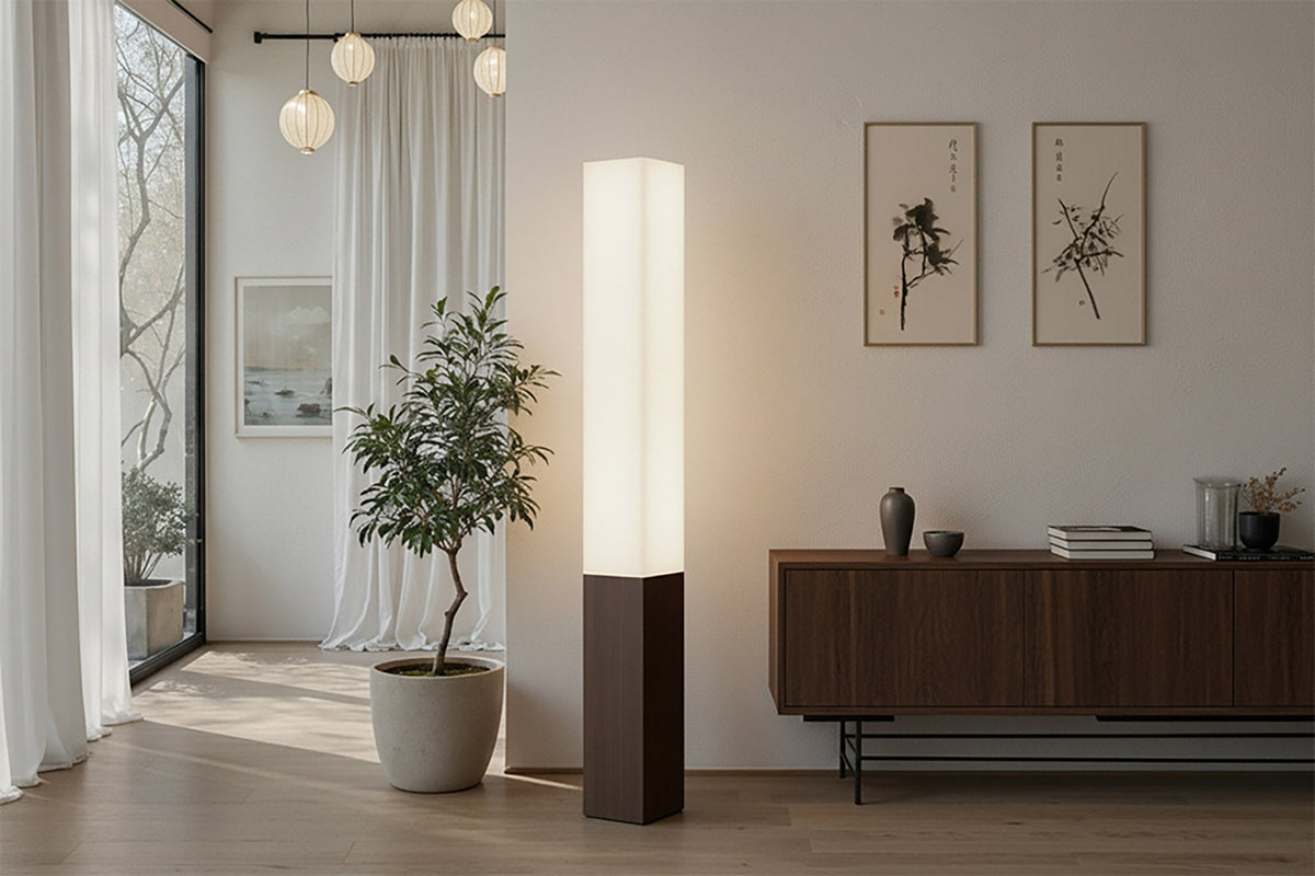 Lampadaire design PARIS CLASSIC 160cm abat-jour en tissu blanc base marron foncé
