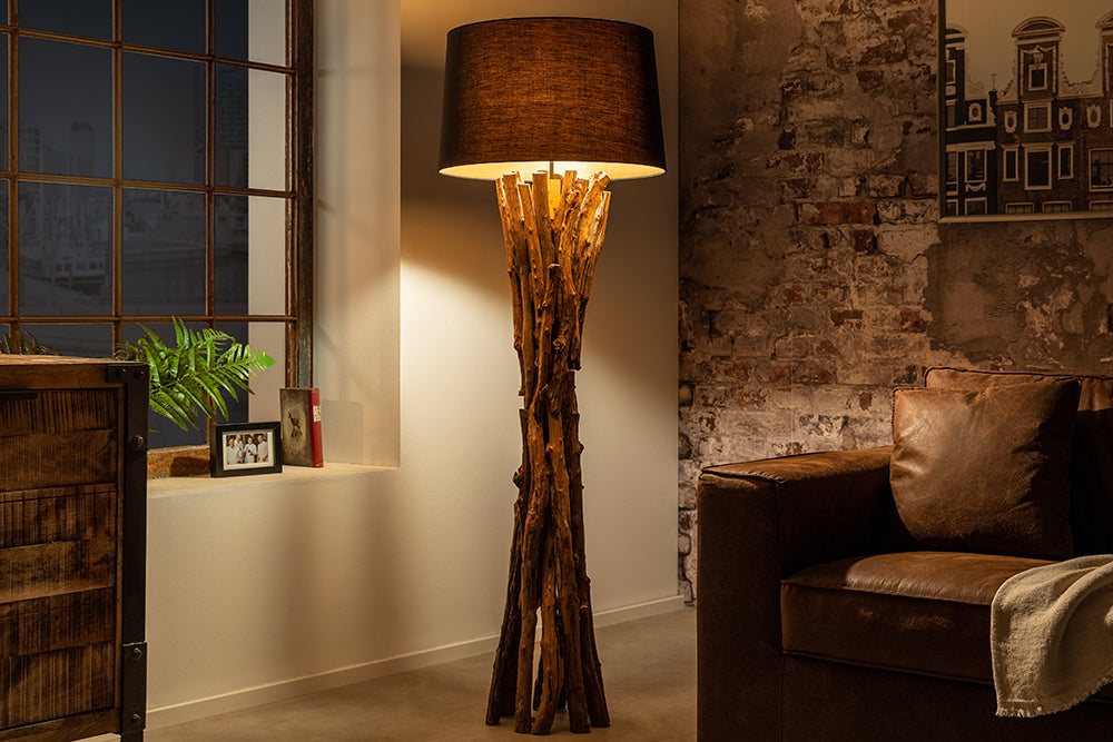 Lampadaire en bois massif HARMONY NATURE 151cm teck noir abat-jour en coton