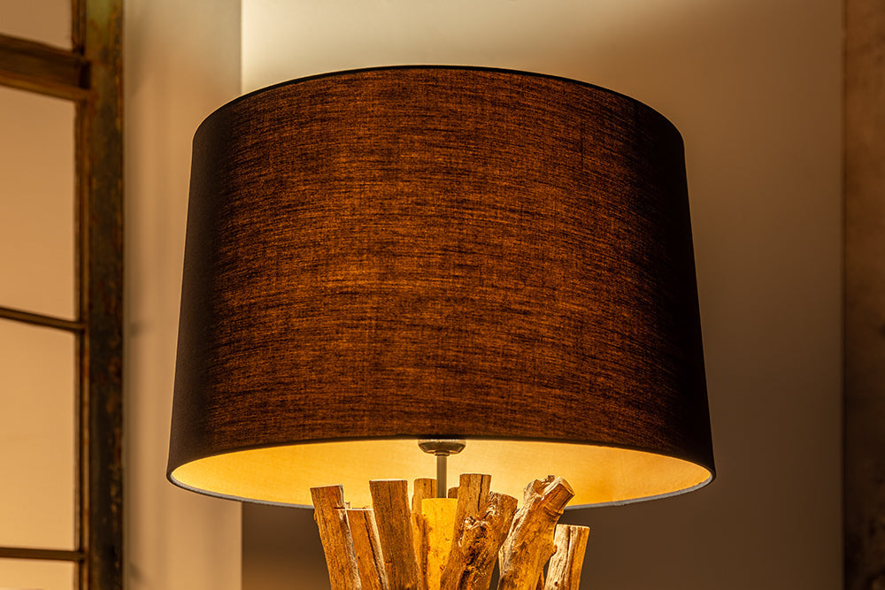 Lampadaire en bois massif HARMONY NATURE 151cm teck noir abat-jour en coton