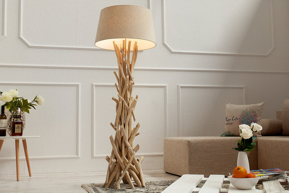 Lampadaire fait main en bois flotté WILD NATURE 155cm sable avec abat-jour en lin