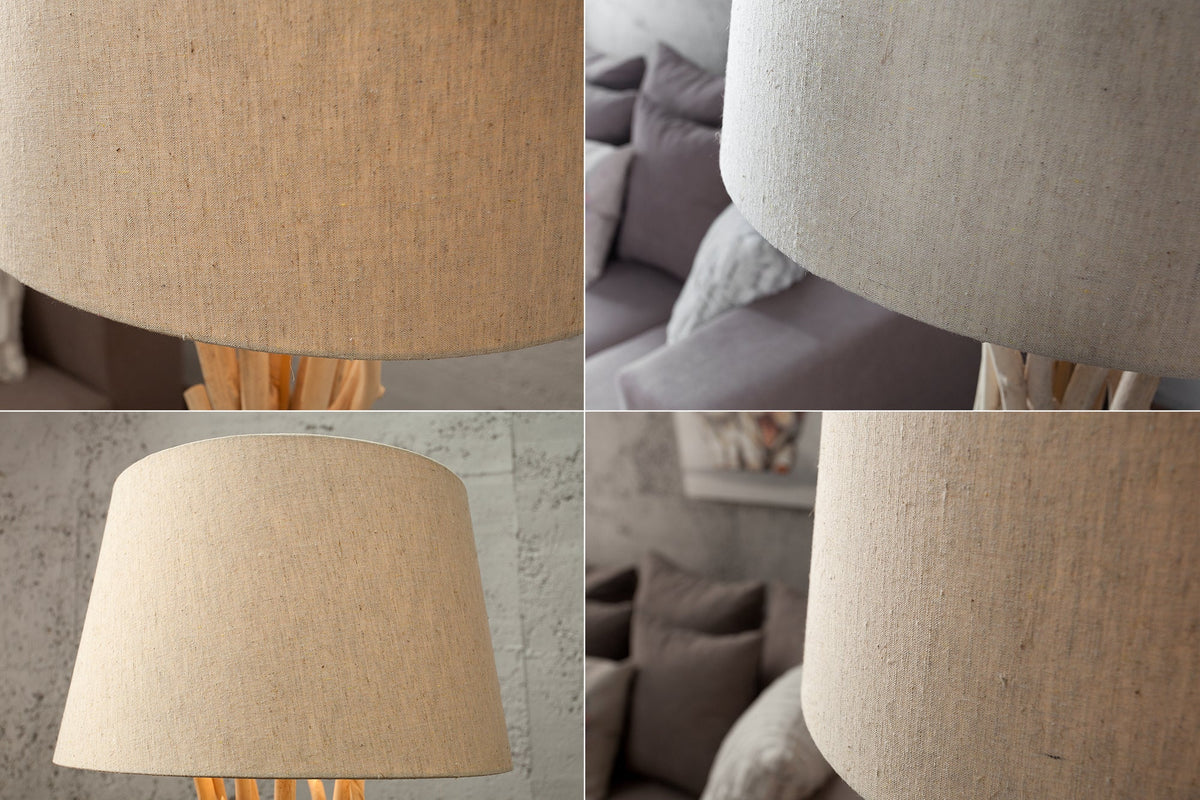 Lampadaire fait main en bois flotté WILD NATURE 155cm sable avec abat-jour en lin