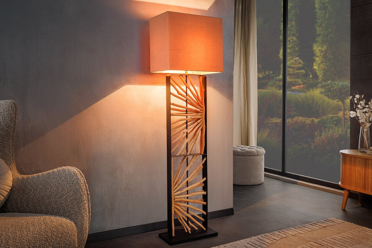 Lampadaire fait main EUPHORIA 165cm bois de longane naturel beige avec abat-jour