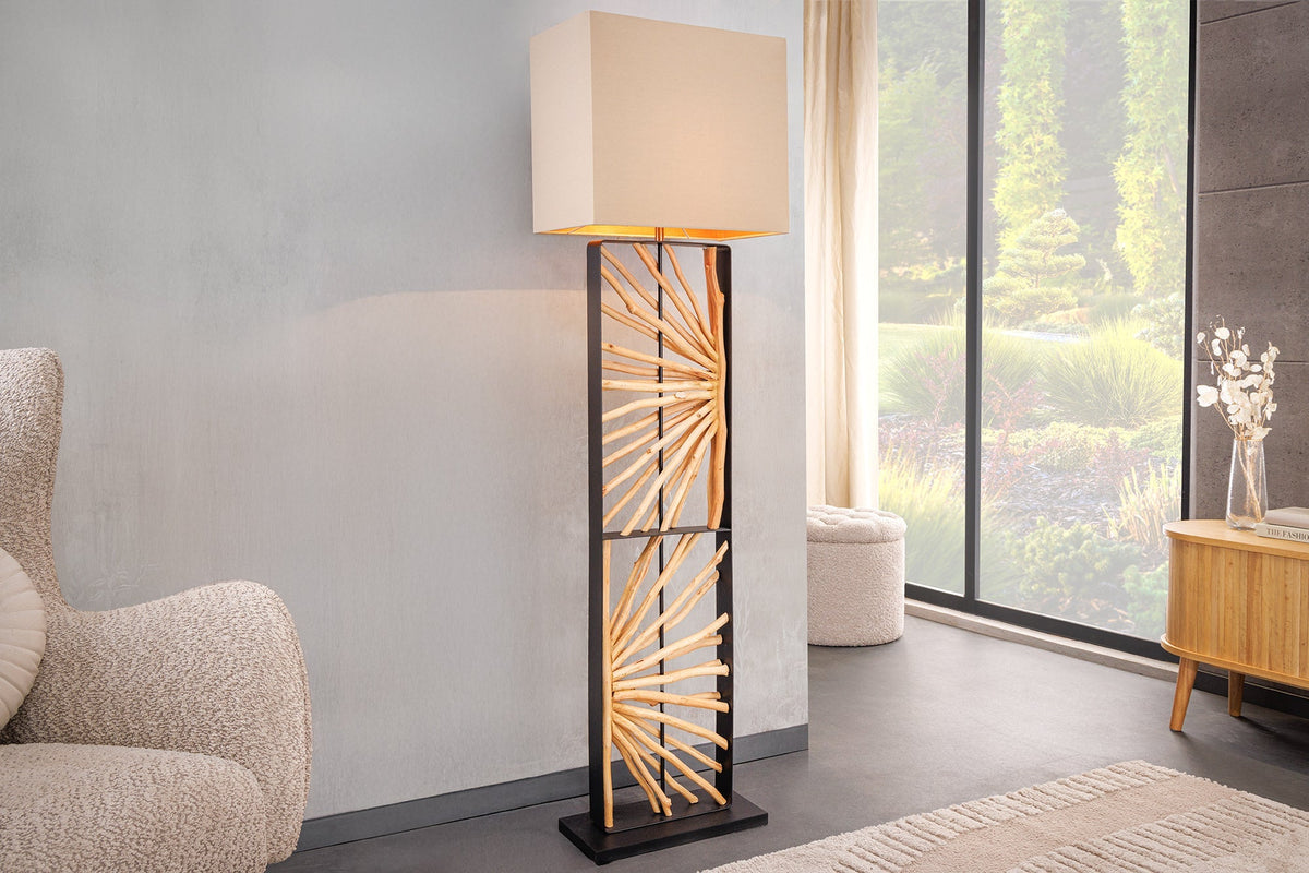 Lampadaire fait main EUPHORIA 165cm bois de longane naturel beige avec abat-jour