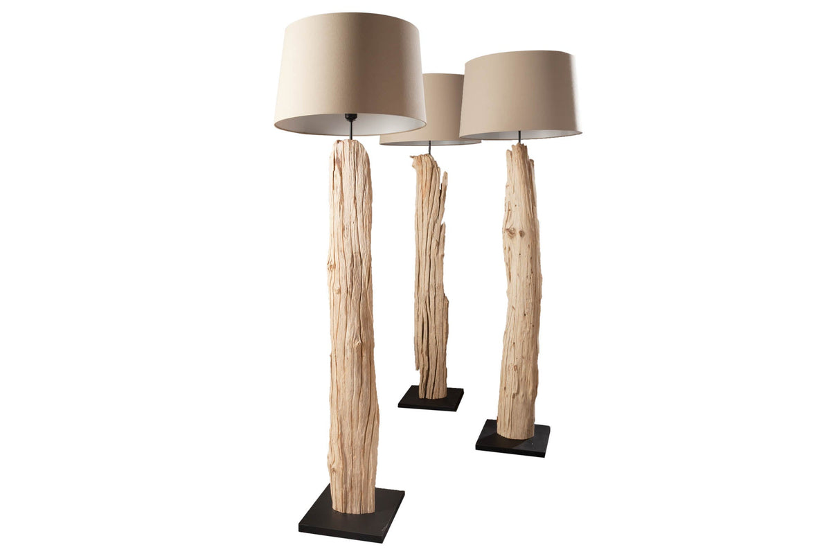 Lampadaire fait main ROUSILIQUE 180cm lampe en bois flotté beige abat-jour en lin tronc d’arbre