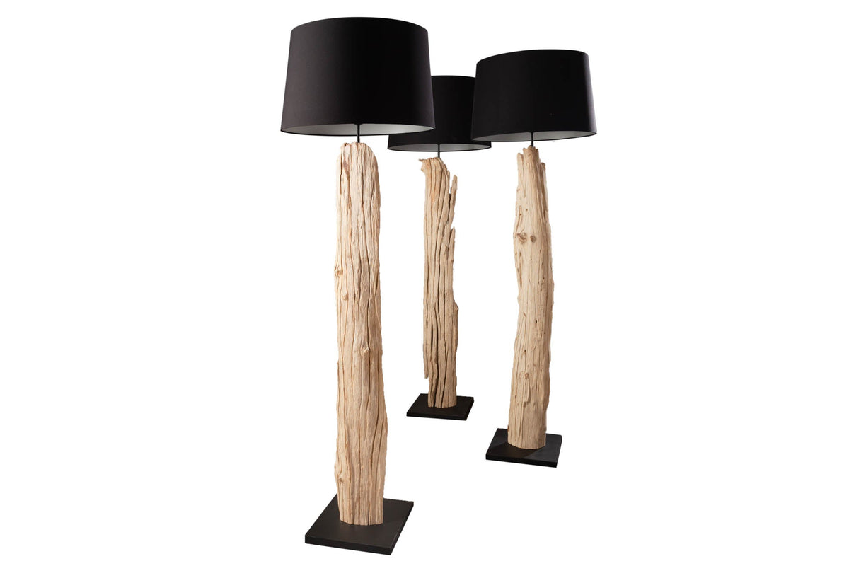 Lampadaire fait main ROUSILIQUE 180cm lampe en bois flotté noir abat-jour en lin tronc d’arbre