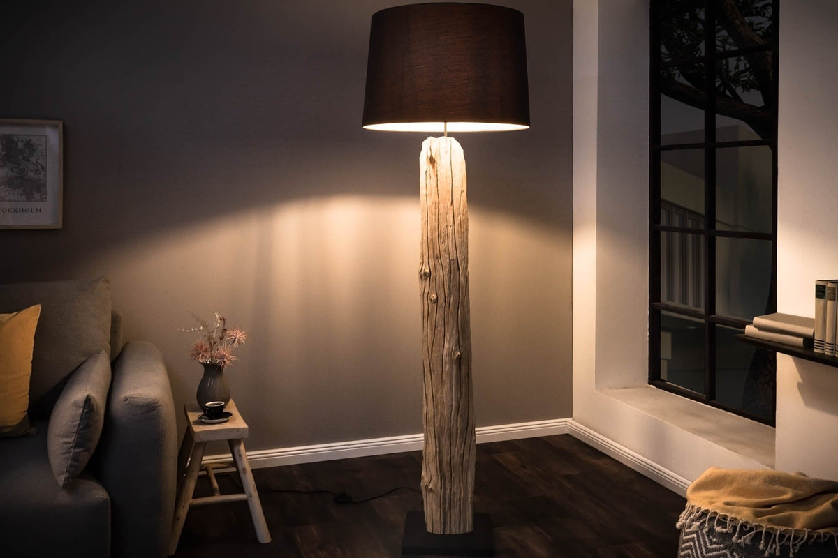 Lampadaire fait main ROUSILIQUE 180cm lampe en bois flotté noir abat-jour en lin tronc d’arbre