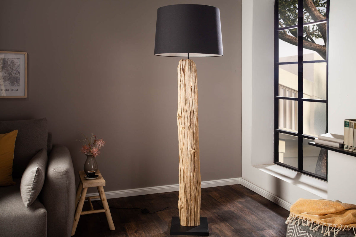 Lampadaire fait main ROUSILIQUE 180cm lampe en bois flotté noir abat-jour en lin tronc d’arbre