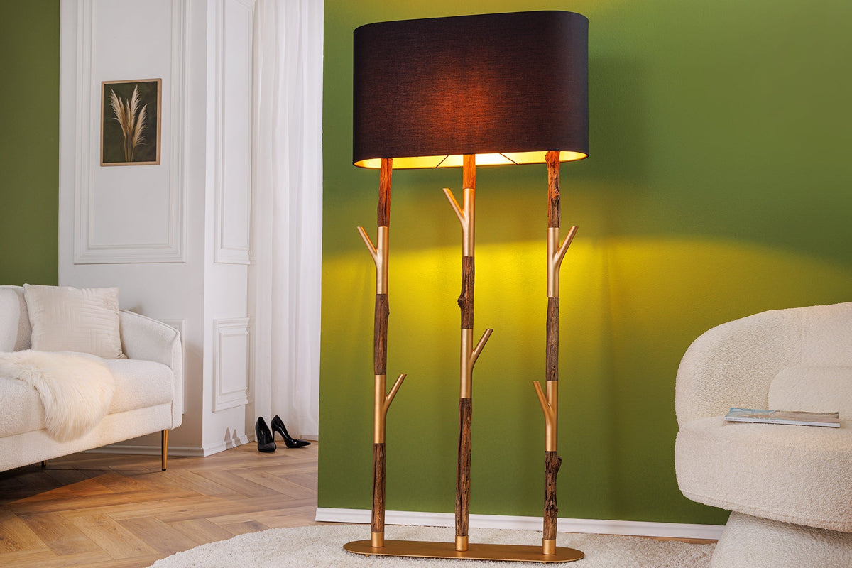 Lampadaire fait main WARDROBE 155cm noir doré bois de fer naturel bois massif