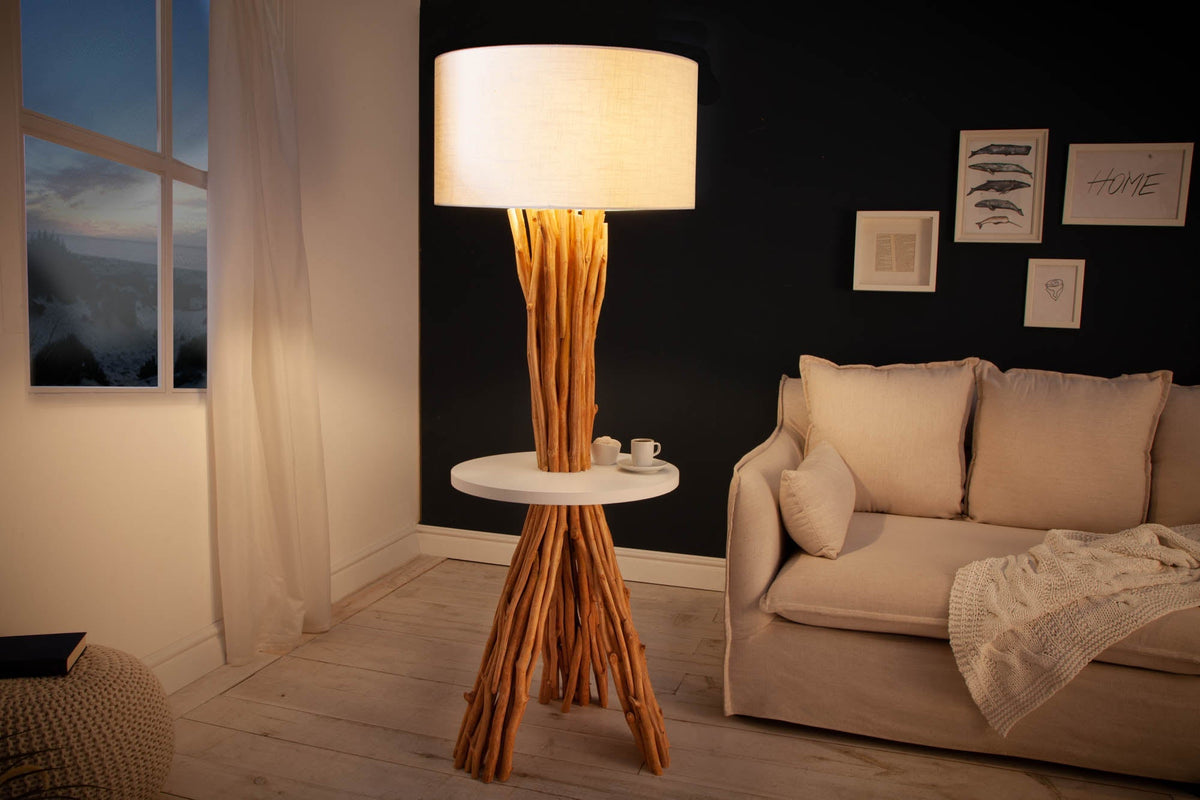 Lampadaire fonctionnel SERVANT 153cm en bois de longane massif avec abat-jour en lin et table