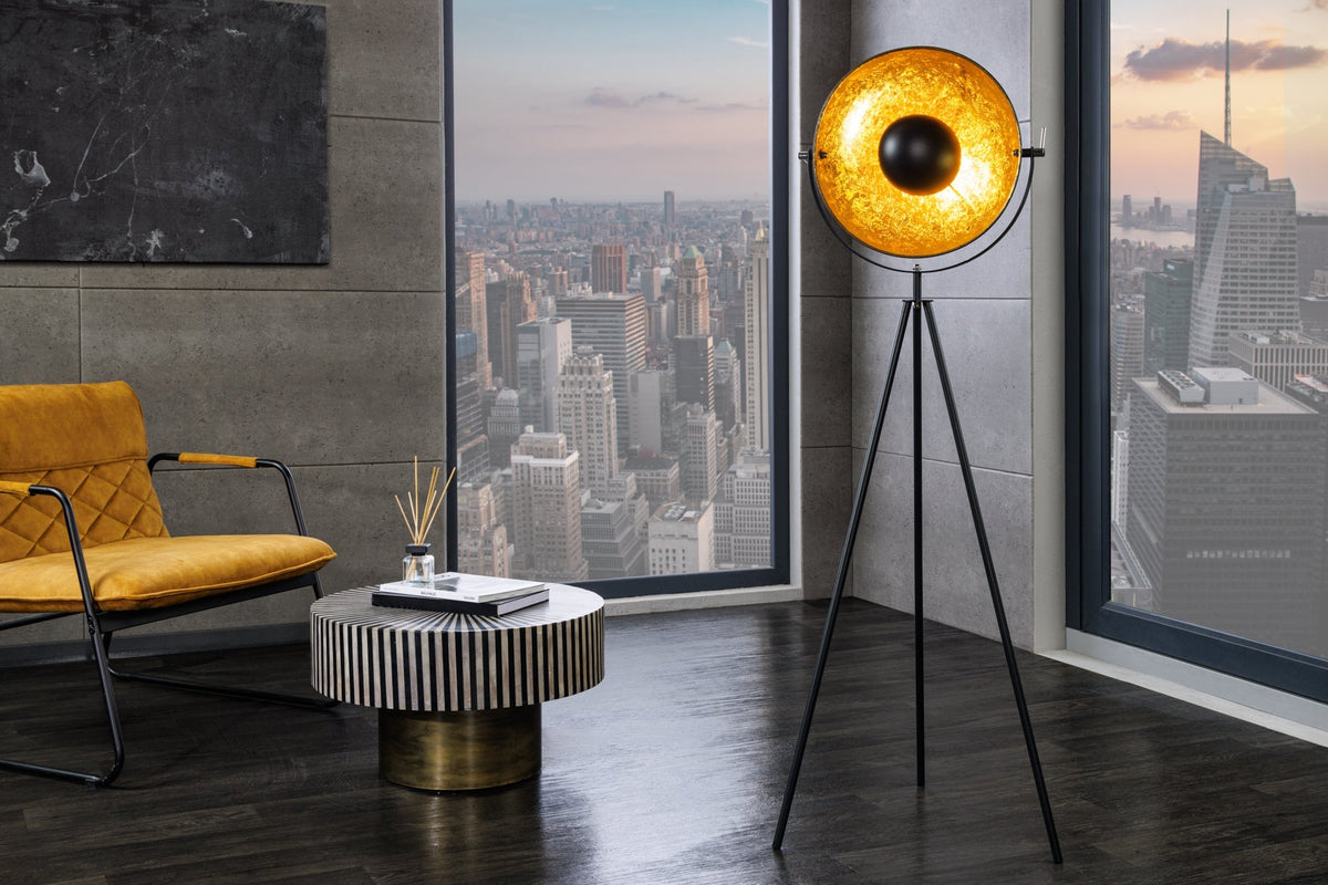 Lampadaire industriel STUDIO 150cm aspect feuille d’or noir abat-jour inclinable
