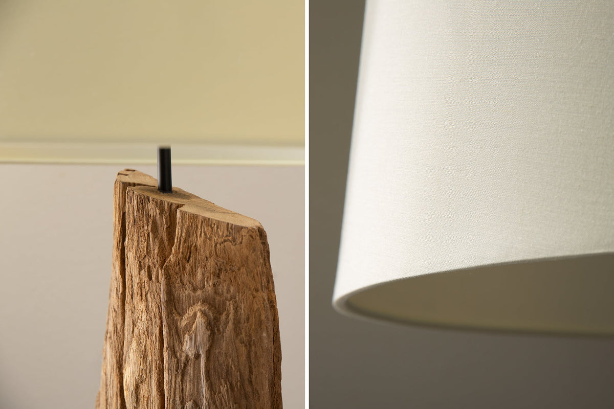 Lampadaire massif BARRACUDA 177cm bois d’acacia naturel abat-jour en coton tronc d’arbre blanc