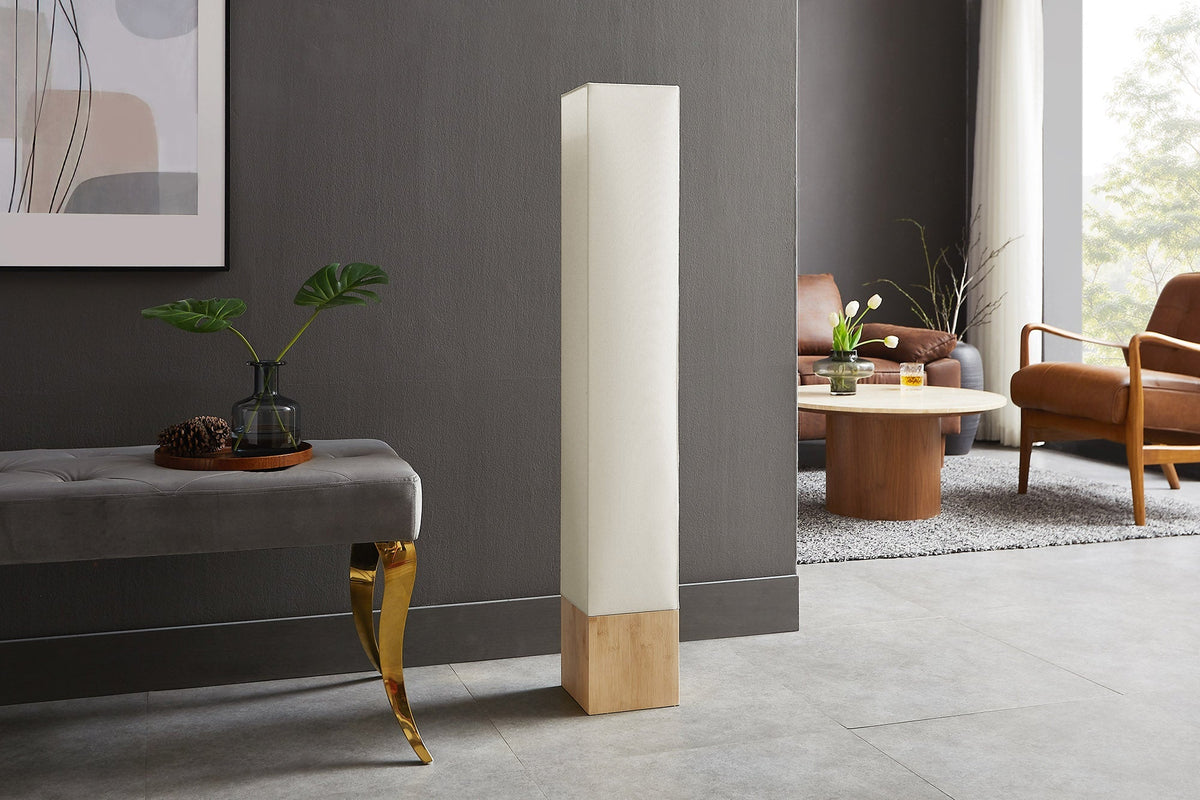 Lampadaire moderne AGAPUNE 120cm blanc marron clair base bambou abat-jour en tissu