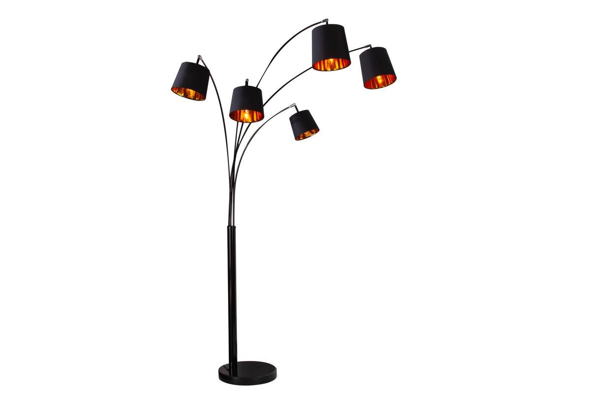 Lampe arc design LEVELS 205cm noir doré 5 abat-jour lin inclinables lampadaire