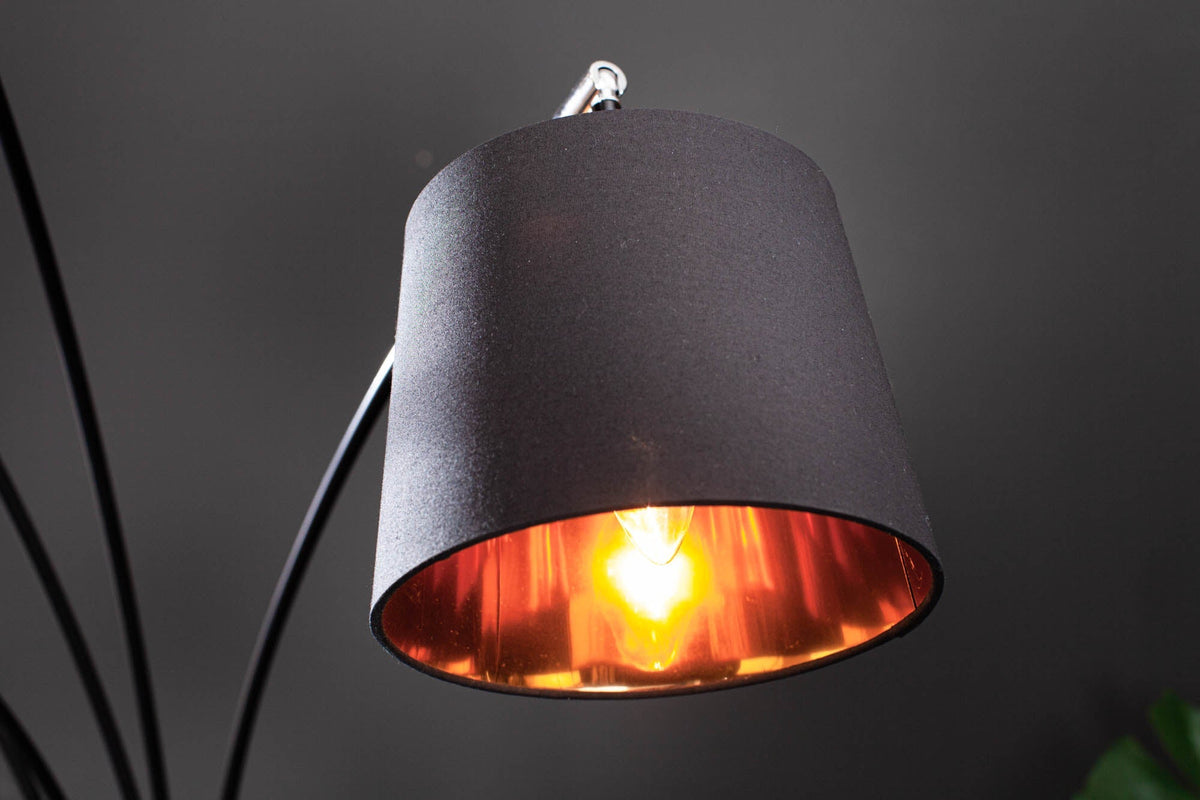 Lampe arc design LEVELS 205cm noir doré 5 abat-jour lin inclinables lampadaire