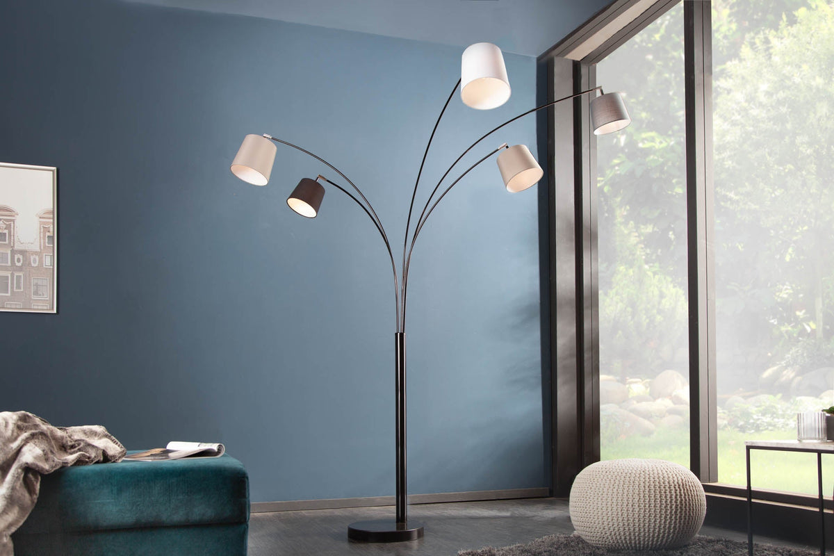 Lampe arc design LEVELS 205cm noir gris 5 abat-jour lin lampadaire